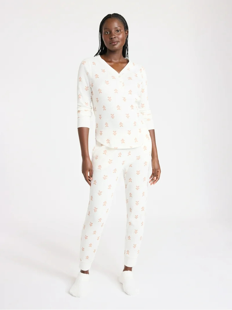 Joyspun Women's Waffle Knit Henley Sleep Top, Joggers and Socks Pajama Set, 3-Piece, Sizes XS-3X | Walmart (US)