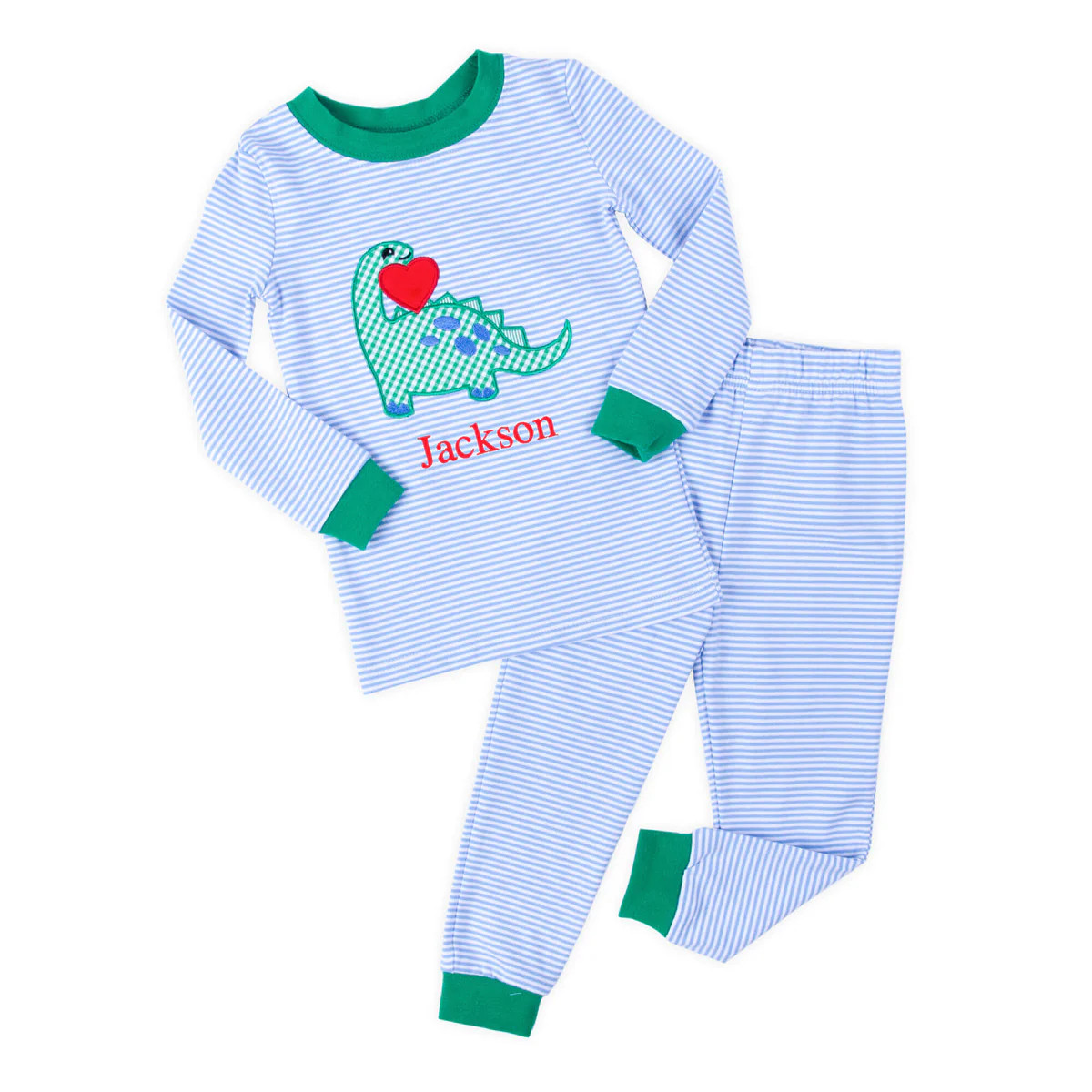 Valentine Dinosaur Blue Stripe Pajamas | Classic Whimsy