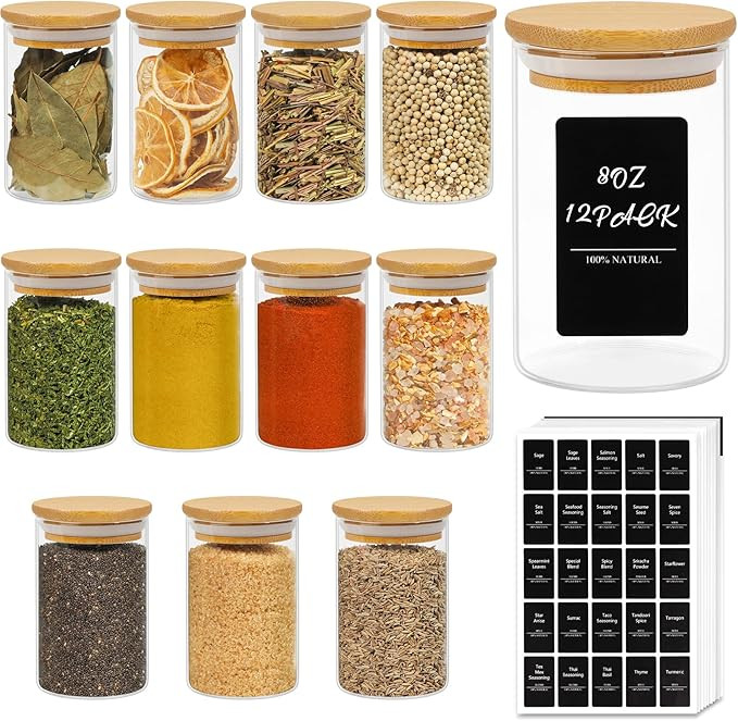 ComSaf 12Pcs Glass Spice Jars with Bamboo Lid, 8oz Airtight Round Spice Containers with 275 Black... | Amazon (UK)