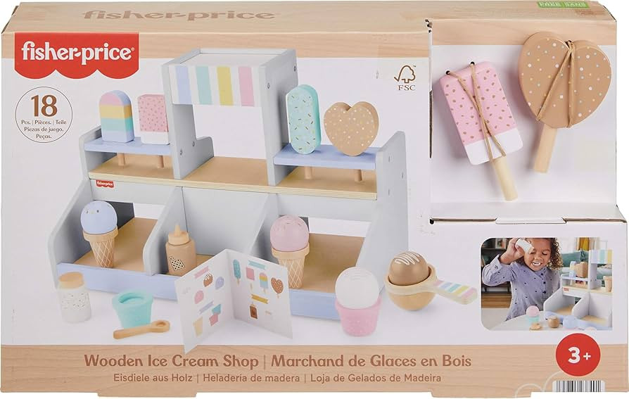 Fisher-Price Wood Pretend Play Toy Ice Cream Shop Set, 18-Piece Wooden Food Playset for Preschool... | Amazon (US)