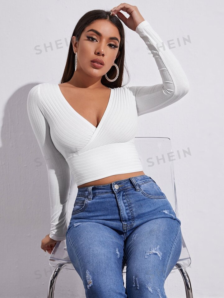 SHEIN EZwear Summer Outfits Surplice Neck Rib-Knit Crop Tee | SHEIN