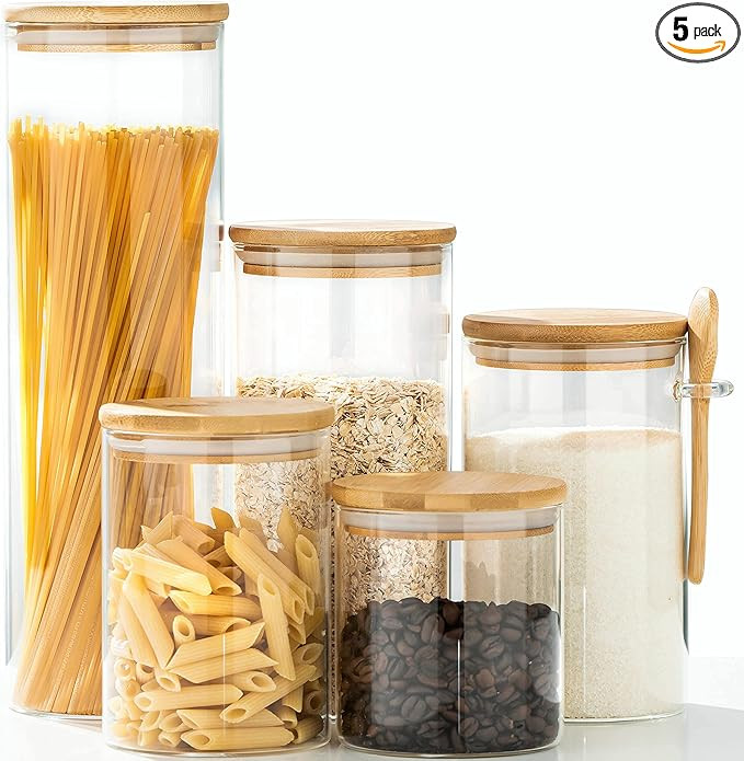 ERISED Glass Jars Set of 5 Food Storage Containers Airtight Food Jars with Bamboo Wooden Lids and... | Amazon (US)