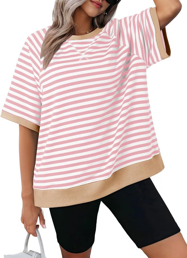 Dokotoo Oversized T Shirts for Women Striped Color Block Crewneck Short Sleeve Casual Summer Tops... | Amazon (US)
