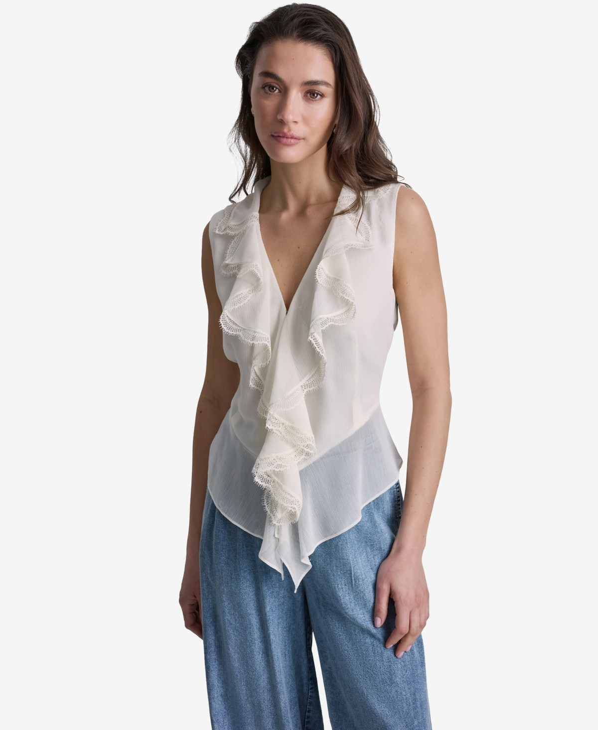 Bcbg Women's Ruffled V-Neck Sleeveless Blouse - White | Macy's