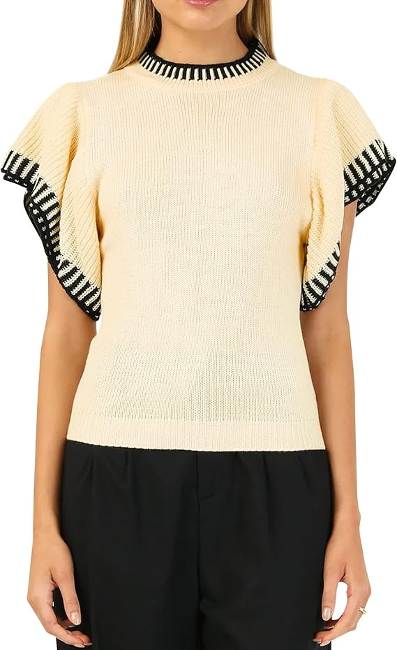 Meladyan Women Ruffle Sleeve Knit Sweater Top Stripe Round Neck Slim Fitted Ribbed Hem Elegant Kn... | Amazon (US)