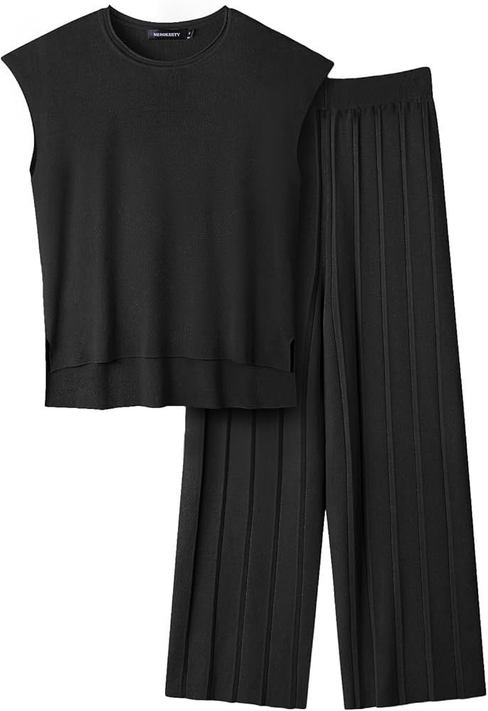 MEROKEETY Women’s 2 Piece Outfits Knit Matching Lounge Sets Cap Sleeve Sweater Top and Elastic ... | Amazon (US)
