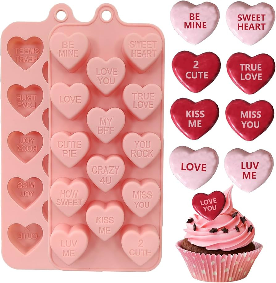 2 Pack Conversation Heart Mold,14 Holes Heart Shaped Silicone Molds for Chocolate, Candy, Hearts ... | Amazon (US)