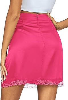 Vrtige Women's Satin Lace Trim High Waist Split Hem Bodycon Mini Short Skirt | Amazon (US)