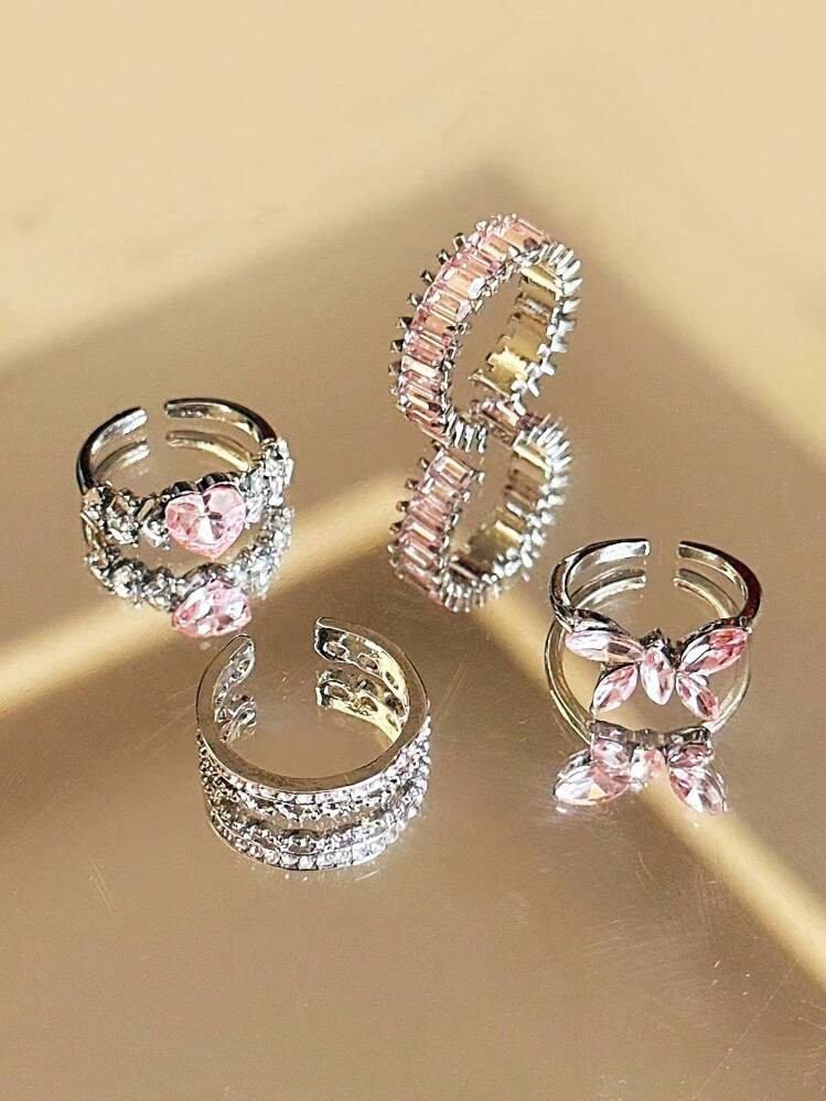 4pcs Fashion Y2K Pink Crystal Rings Shiny Heart Bow Knot Butterfly Ring For Women Sweet Cool Girls Party Jewelry Gifts | SHEIN