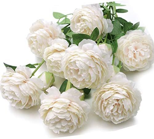 Faux Mixed Blooms Buds Silk English Cabbage Rose Stems in Ivory White, Artificial Peony Flowers w... | Amazon (US)
