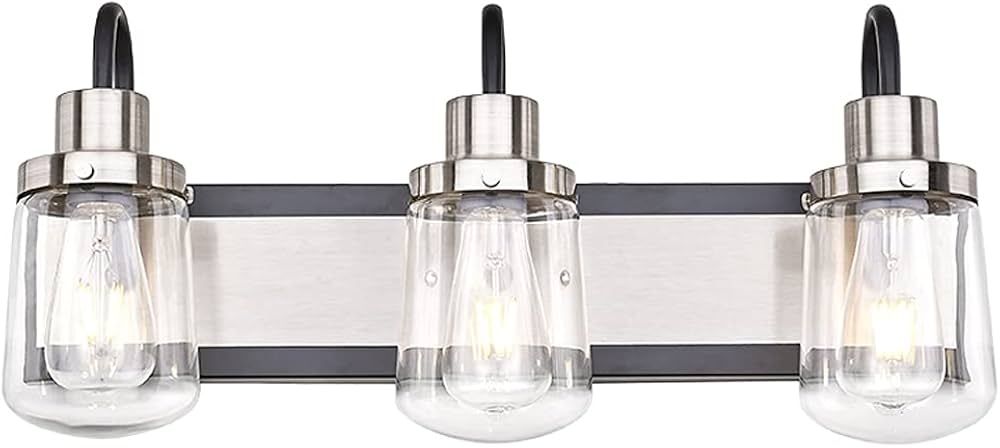 Modern Bathroom Vanity Light, Black Vanity Light with Satin Nickel, 3-Bulb Indoor Wall Lamp, Farm... | Amazon (US)