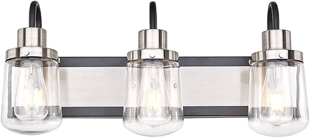 Modern Bathroom Vanity Light, Black Vanity Light with Satin Nickel, 3-Bulb Indoor Wall Lamp, Farm... | Amazon (US)