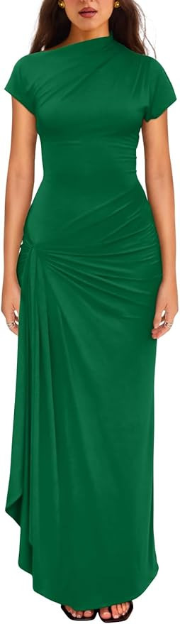 YMDUCH Women's Casual Short Sleeve Boat Neck Ruched High Split Bodycon Long Party Dress | Amazon (US)