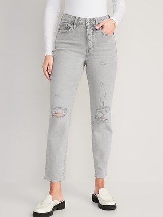 High-Waisted Button-Fly O.G. Straight Ripped Gray Cut-Off Jeans for Women | Old Navy (US)