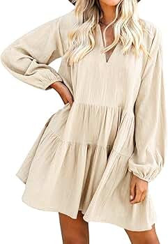 FANCYINN Long Sleeve Shift Tunic Dress Ruffle Swing Babydoll Juniors Mini Ruffle Dress with Pocke... | Amazon (US)