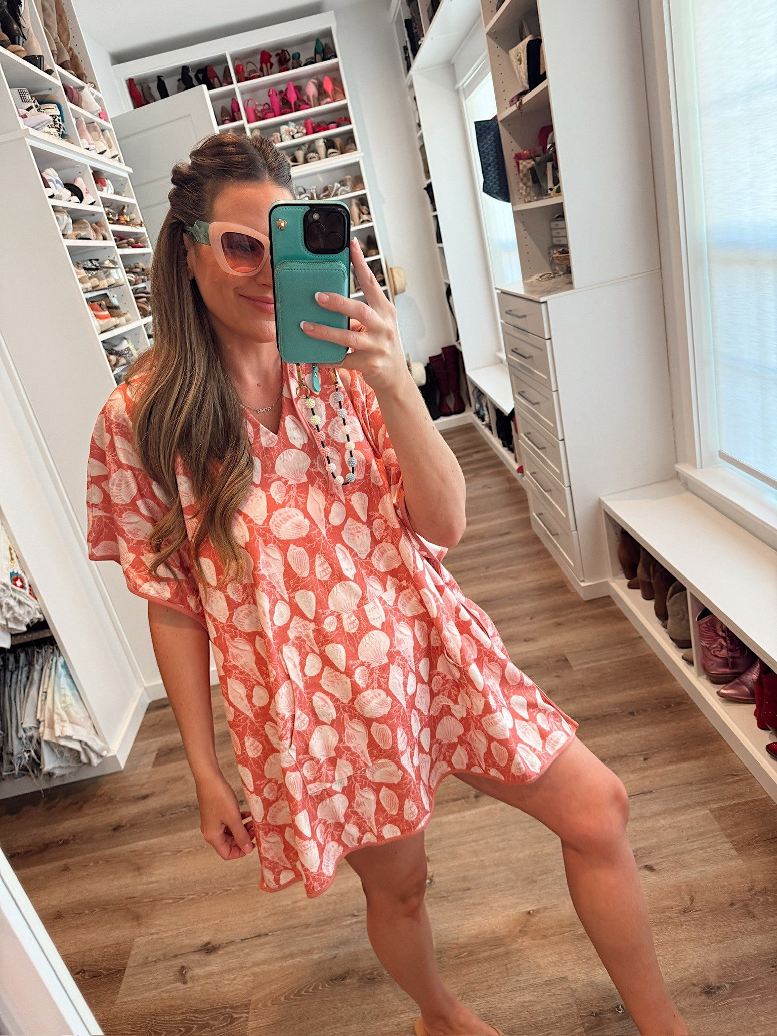 In a medium shell print coverup dress, sunglasses and accessories - fits tts.

#LTKStyleTip #LTKSwim #LTKSeasonal