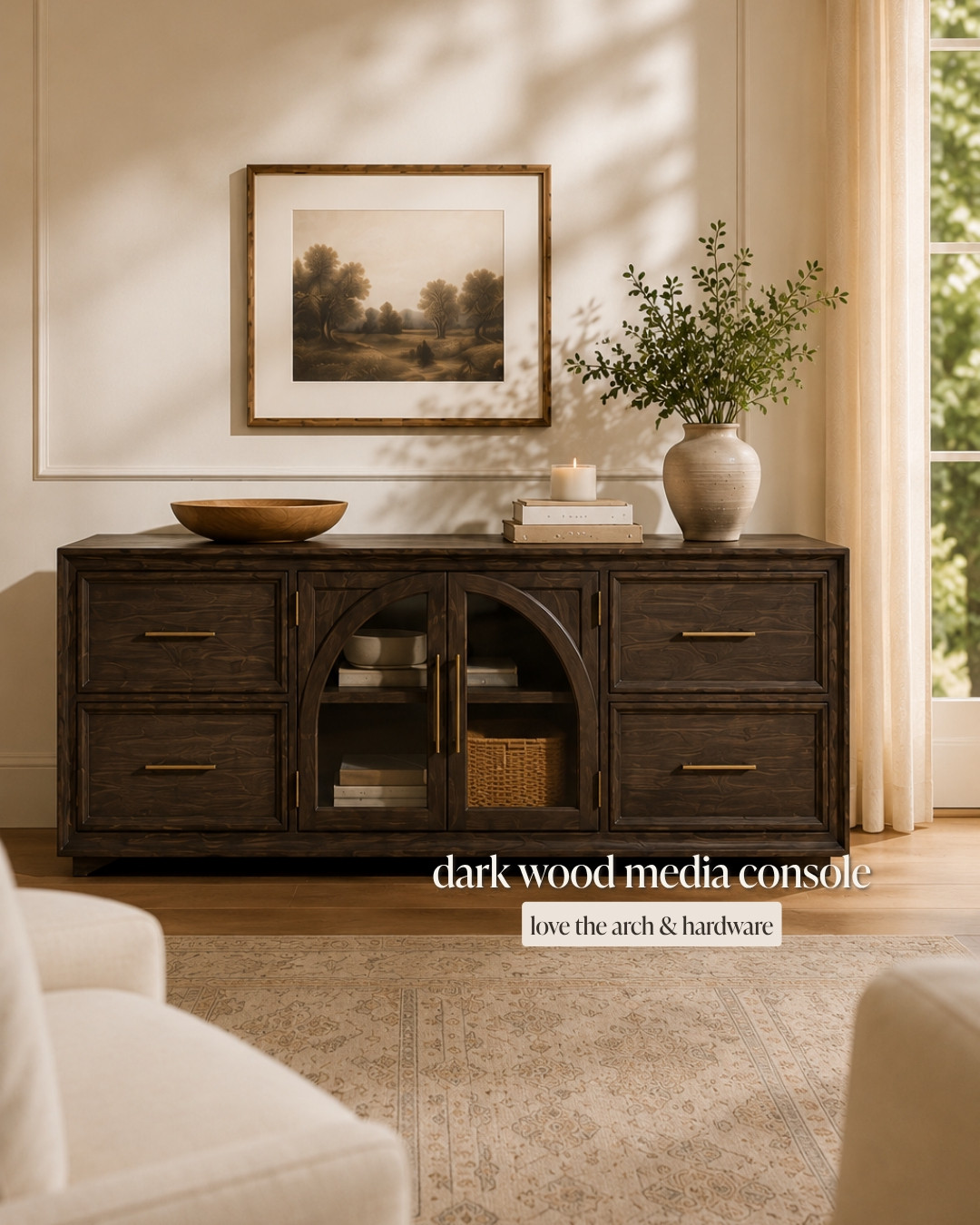 The Valborg dark oak media console from Hernest is doing so much heavy lifting in our Nancy Meyers moodboard. The warm oak finish, clean lines, and generous storage make it the kind of piece that grounds an entire room. A great alternative to Pottery Barn at a great price point. 🤍 

 #LTKHome