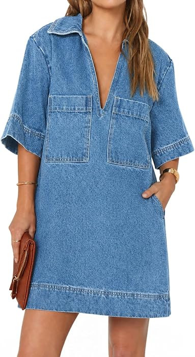 Fisoew Womens Denim Shirt Dress Summer Collared V Neck Mini Casual Jean Dresses with Pockets | Amazon (US)