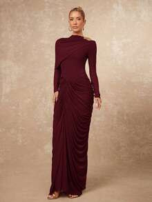 Lumalex Asymmetrical Metal Decor Mesh Soft Flowy Ruched Waist Bodycon Long Sleeve Dress For Women... | SHEIN