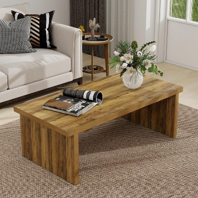 Farmhouse Rectangular Coffee Table, 47 Inch Low Natural Brown Coffee, Mid Century Modern Thick Wooden Minimalist Table | Target