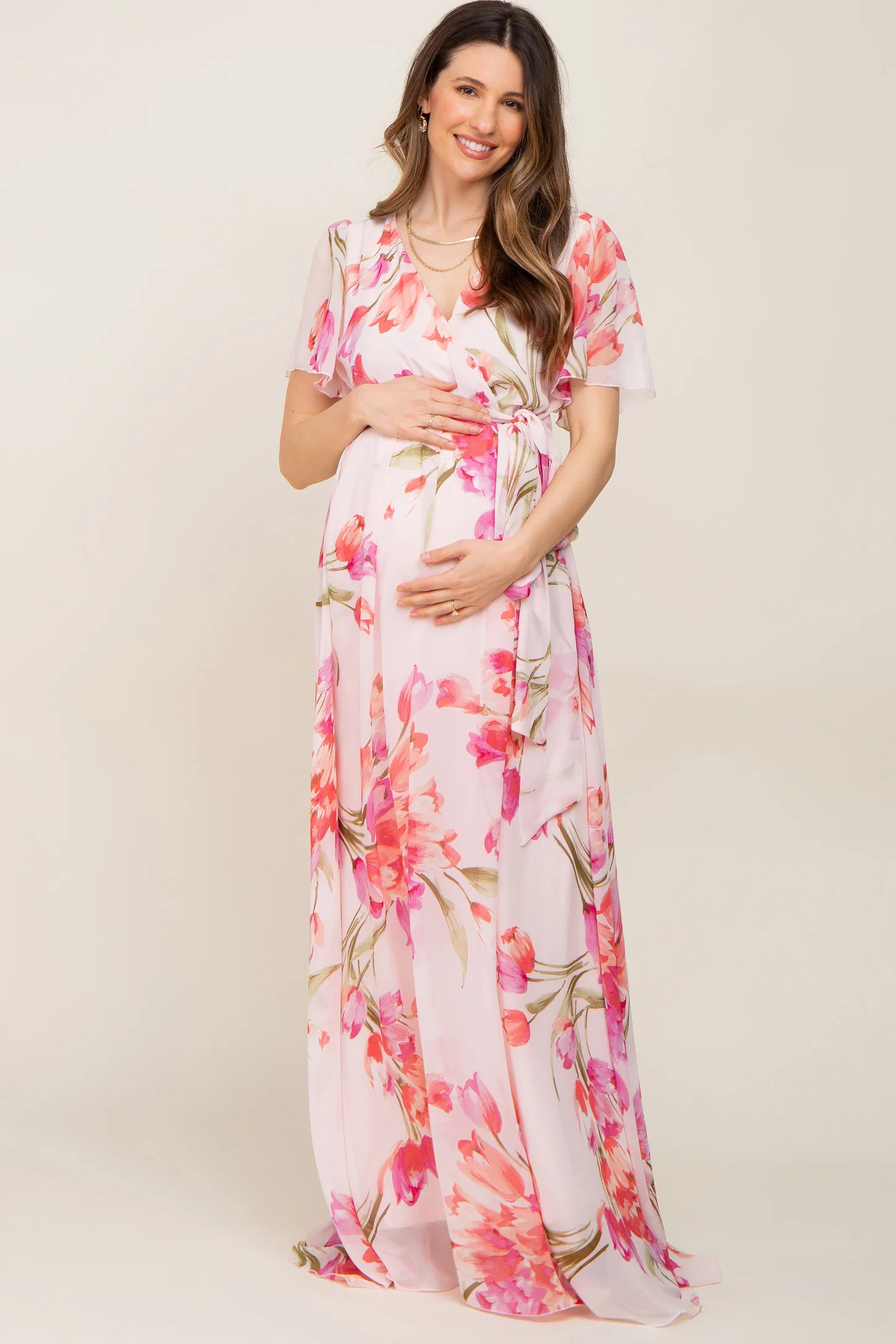 Pink Tulip Floral Chiffon Wrap Front Short Sleeve Maternity Maxi Dress | PinkBlush Maternity