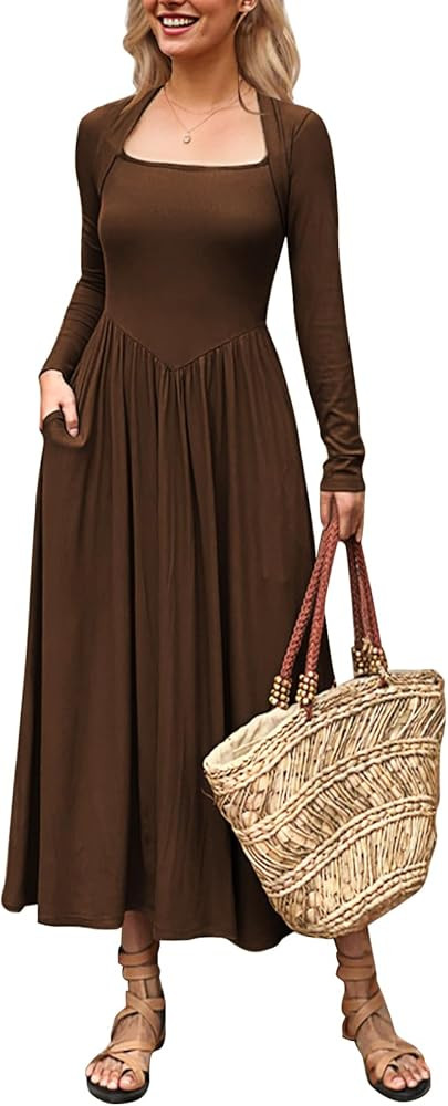 Women's Long Sleeve Maxi Dress 2024 Fall Crewneck Knit Casual Solid Wedding Guest Flowy Long Dres... | Amazon (US)