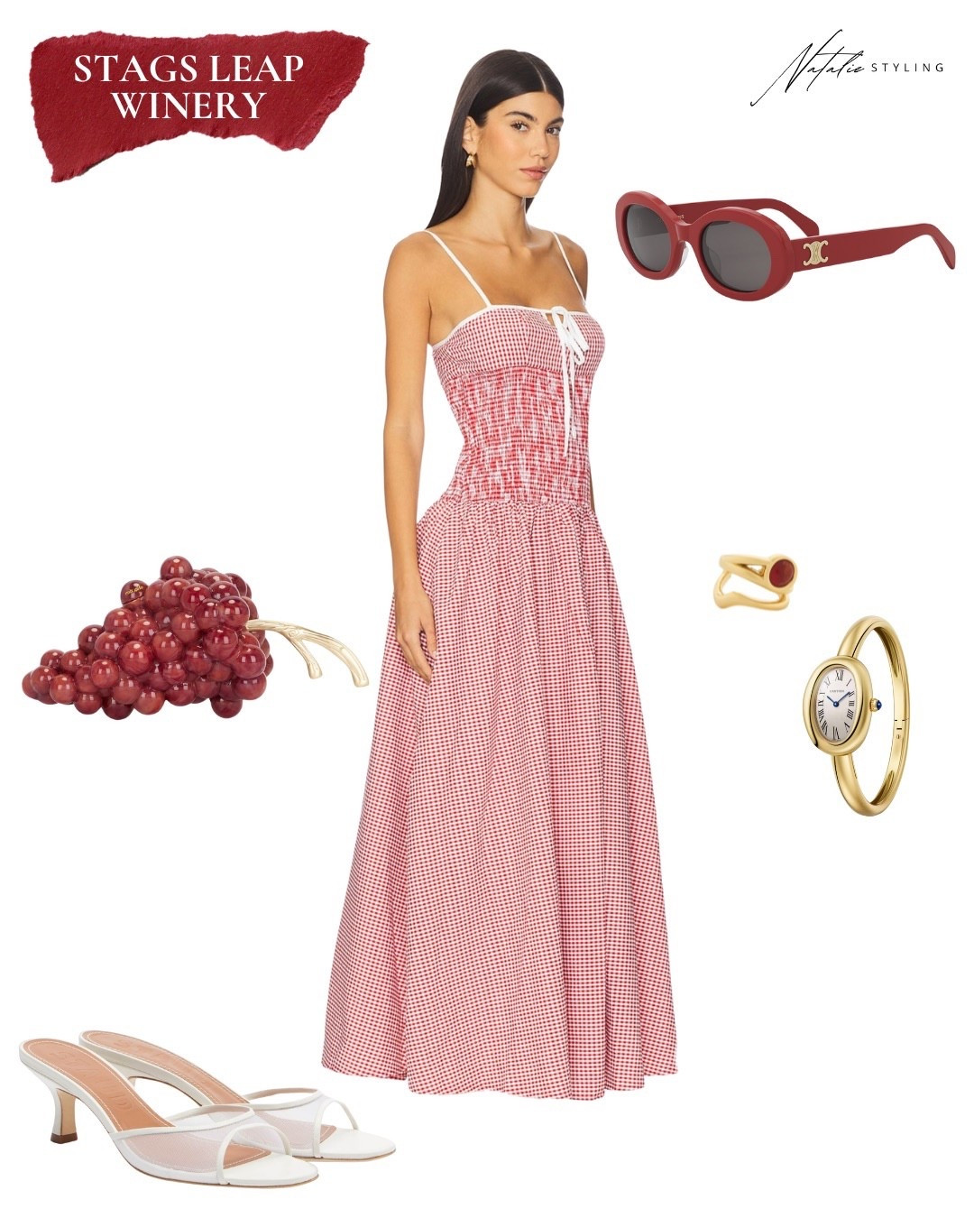 Red gingham, sunshine, and vineyard views 🍇
This smocked maxi dress is light, airy, and easy to wear for a full day at the winery. The tie-front detail and flowing skirt add a soft, feminine feel, while white heels keep the look fresh and clean. A playful grape clutch from Cult Gaia is the perfect accessory for a winery look. Finished with warm gold jewelry and statement sunglasses, it’s the kind of outfit that works from morning tastings straight into a lingering lunch in wine country.

#LTKootd #LTKSeasonal #LTKTravel