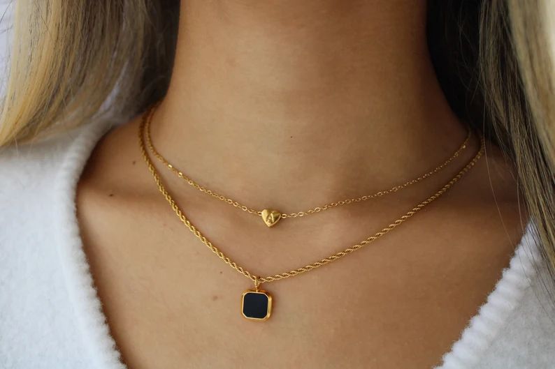 Onyx Black Square Gold Necklace Waterproof Black Pendant Onyx - Etsy | Etsy (US)