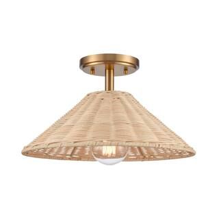 River 14 in. W 1-Light Brushed Gold Semi Flush Mount with Rattan Shade | The Home Depot