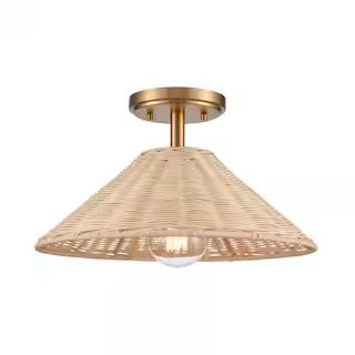 Titan Lighting River 14 in. W 1-Light Brushed Gold Semi Flush Mount with Rattan Shade HD-22110904... | The Home Depot