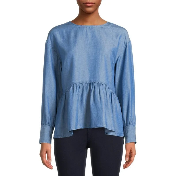 Time and Tru Women's Long Sleeve Crinkle Peplum Top - Walmart.com | Walmart (US)