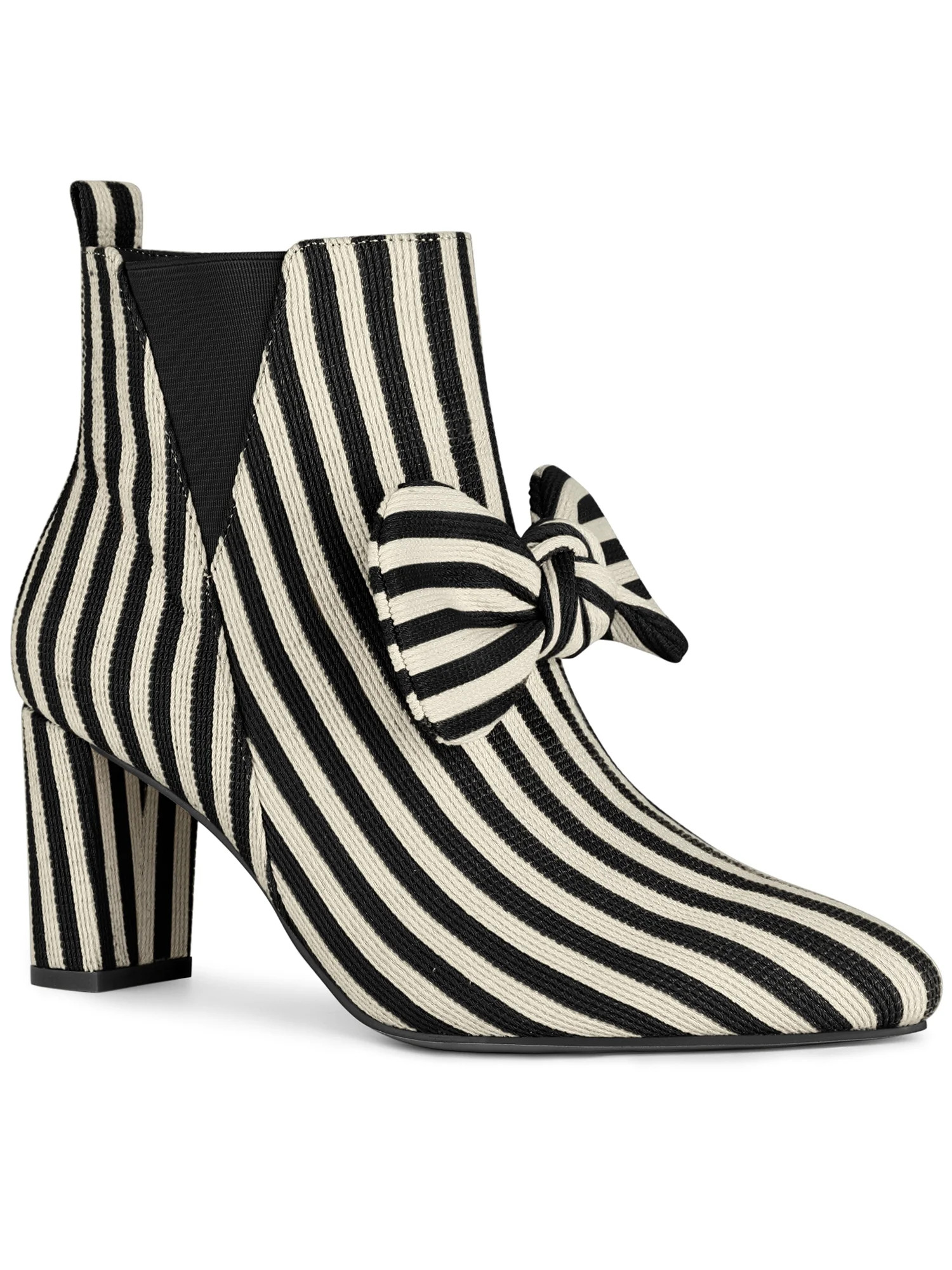 BLISSFUL STEP Women's Pointed Toe Bow Striped Chunky Heel Ankle Boots Black 6 | Walmart (US)