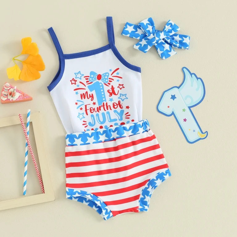 Okbabeha 4th Of July Baby Girl Outfit Newborn My First 4th Of July Romper+bloomer Shorts+headband... | Walmart (US)