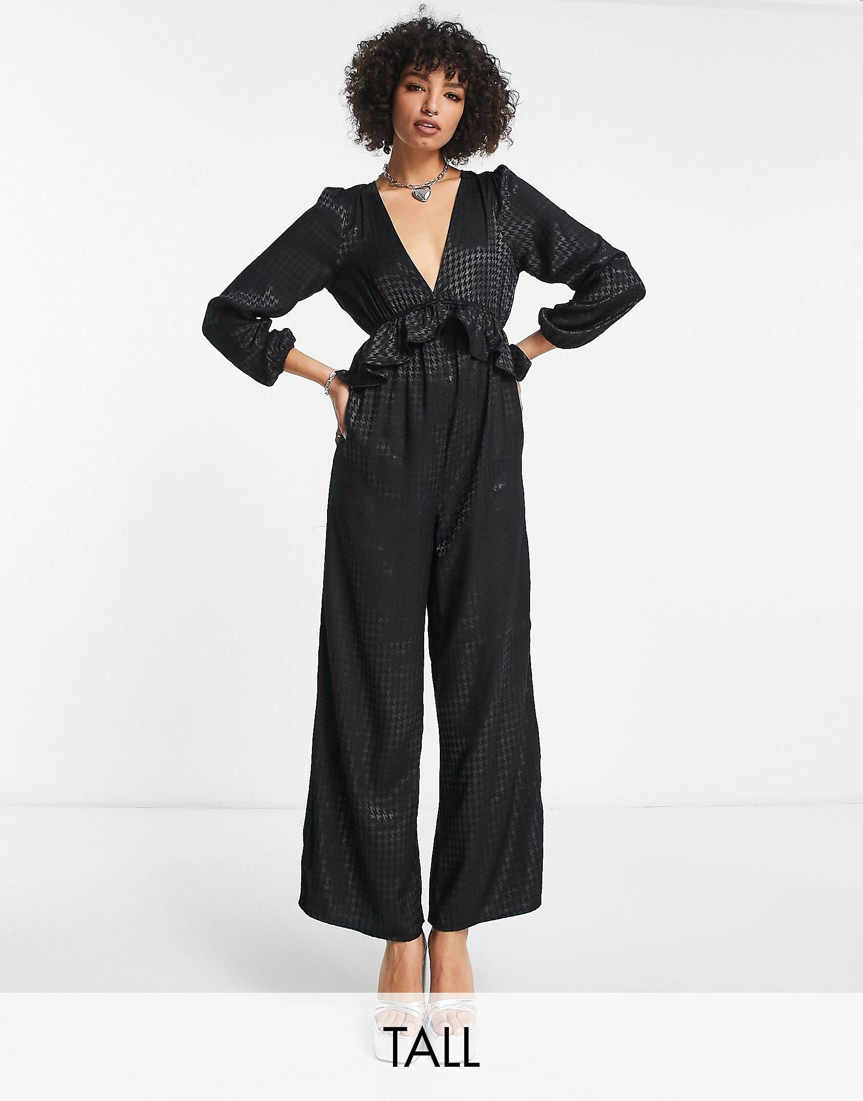 Only Tall frill detail jumpsuit in black houndstooth | ASOS (Global)