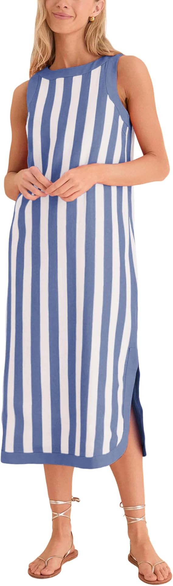 Yidarer Womens Striped Midi Dress Sleeveless Crewneck Side Slit Casual Summer Beach Vacation Sund... | Amazon (US)