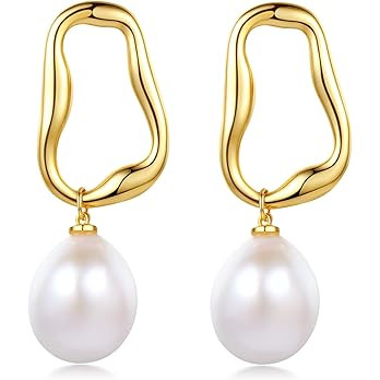 Pearl Dangle Earrings Irregular Pearl Drop Earrings 925 Sterling Silver Square Gold Plated Huggie... | Amazon (US)