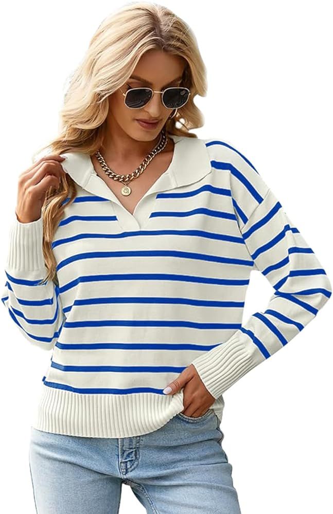 Mincib Women's Lightweight Striped Loose Sweater Polo V Neck Knitted Lapel Shirt Casual Color Blo... | Amazon (US)