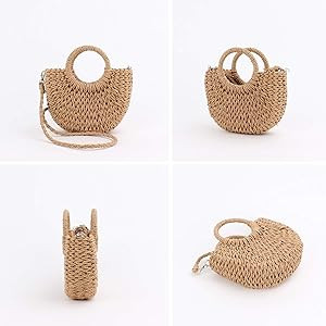 QTKJ Mini Semi-circle Rattan Straw Bag, Hand-woven Women Summer Retro Beach Tote Shoulder Bag Cro... | Amazon (US)