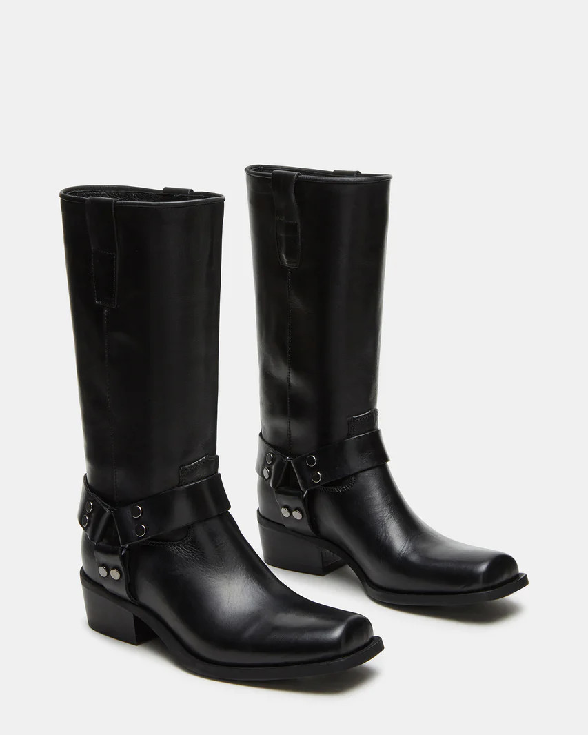 RUSKIN Black Leather Square Toe Moto Boot | Women's Boots | Steve Madden (US)