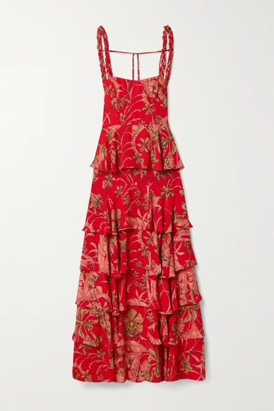 Johanna Ortiz - Life Goals Tiered Printed Crepe Maxi Dress - Tomato red | NET-A-PORTER (US)