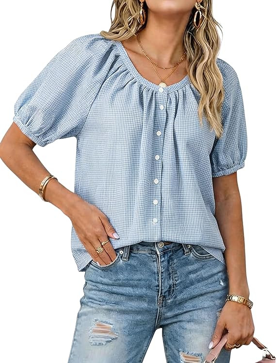 Tanming Womens Summer Plaid Button Down Shirts Short Puff Sleeve Cotton Crew Neck Gingham Blouses... | Amazon (US)