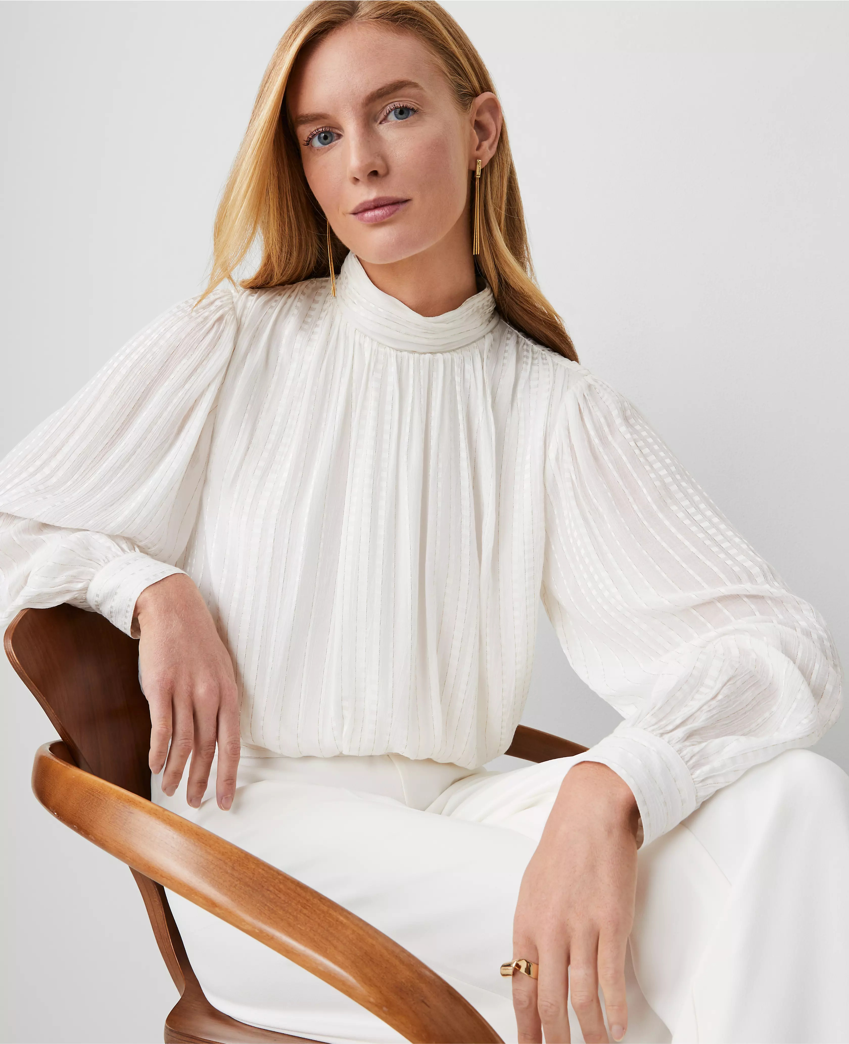 Metallic Stripe Shirred Banded Hem Popover | Ann Taylor (US)