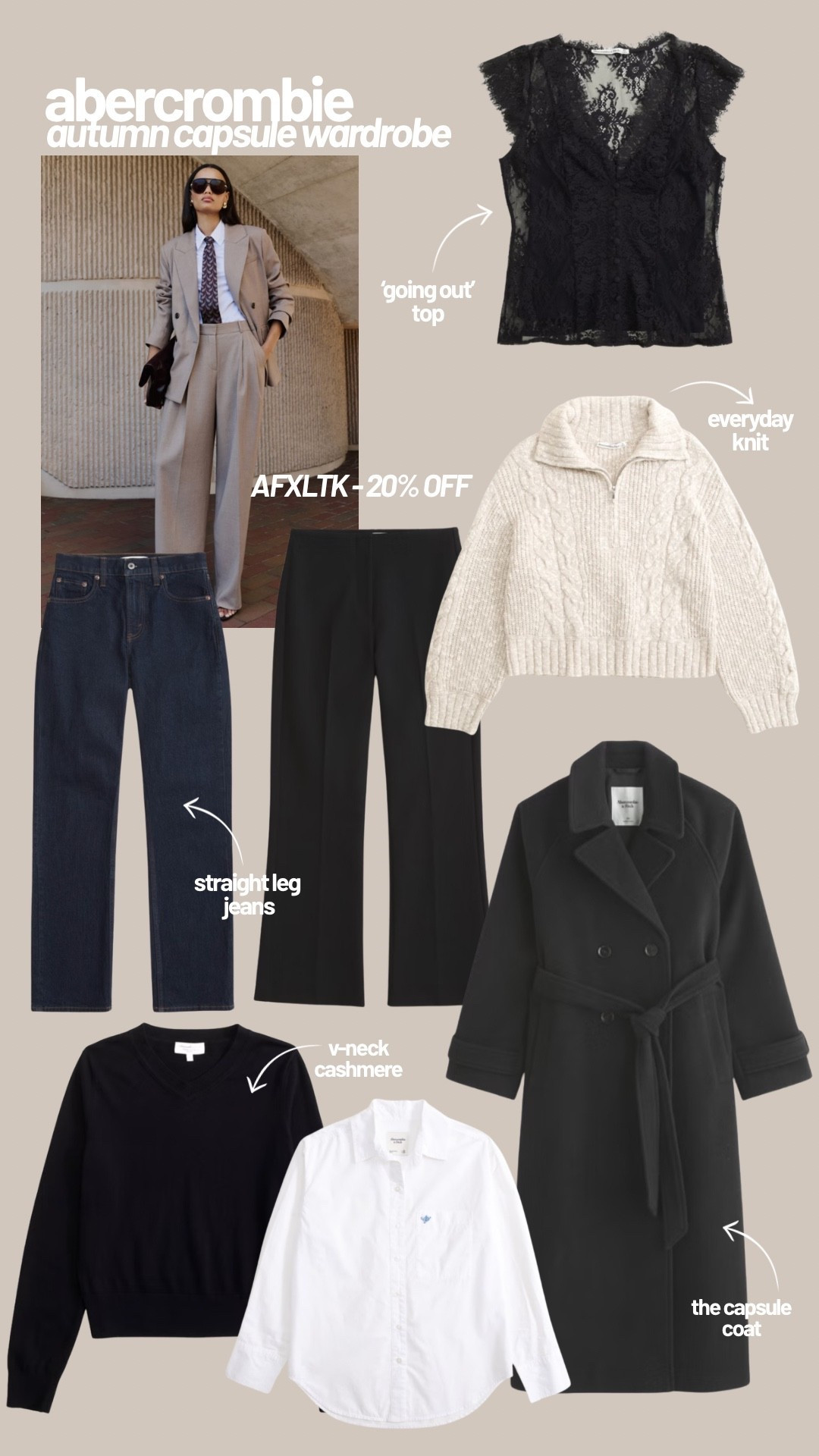 20% off Abercrombie with code AFXLTK (autumn capsule wardrobe essentials)