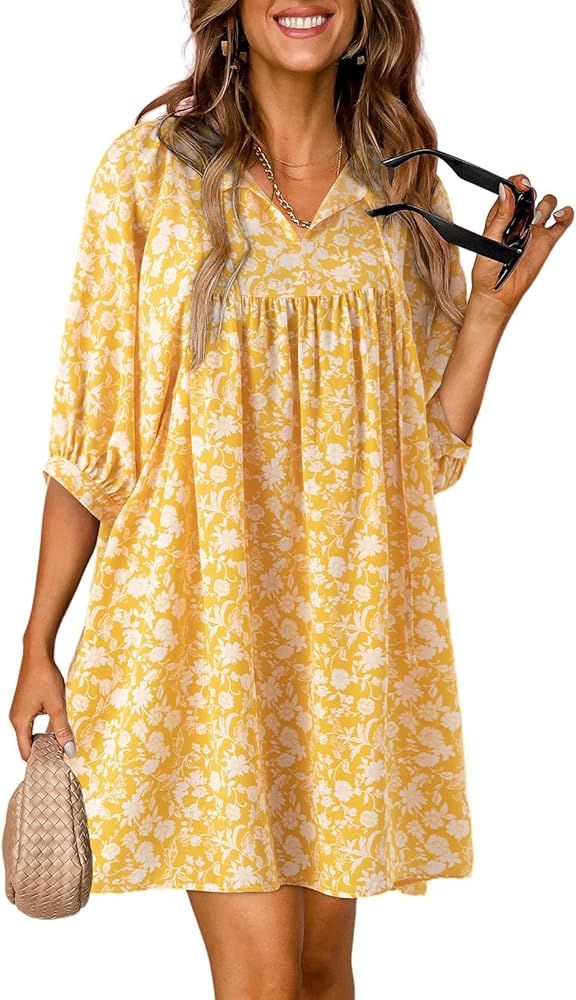 Dokotoo Womens Summer Dresses 2024 Boho Floral Drawstring V Neck Chiffon Lantern Sleeve Casual Be... | Amazon (US)