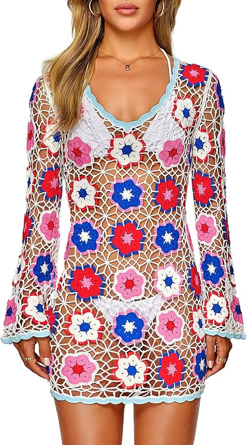 FAIRY SEASON Women's Crochet Beach Cover Up Dress Boho Bell Sleeve 3D Camellia Embroidery for Vac... | Amazon (US)