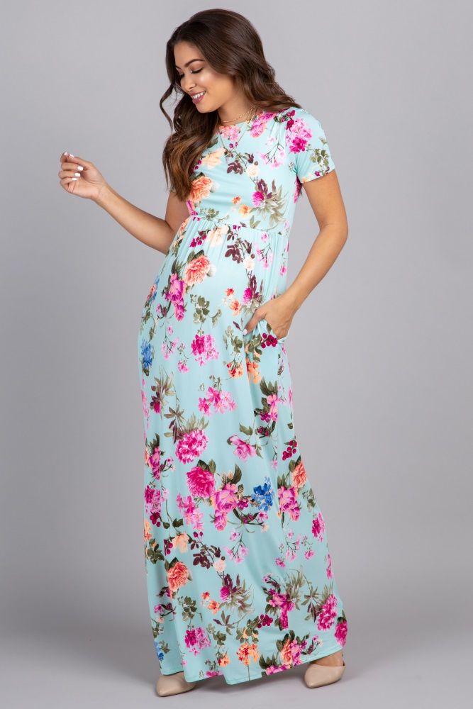 Mint Rose Short Sleeve Maternity Maxi Dress | PinkBlush Maternity