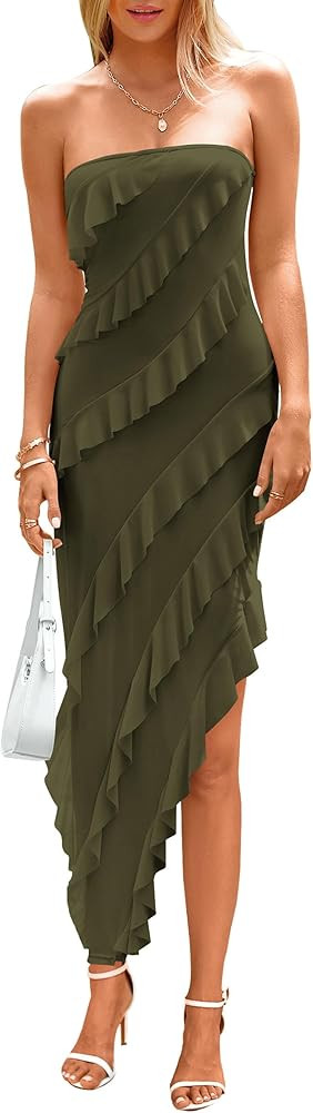 PRETTYGARDEN Summer Wedding Guest Dresses Strapless Tube Ruffle Long Dress | Amazon (US)