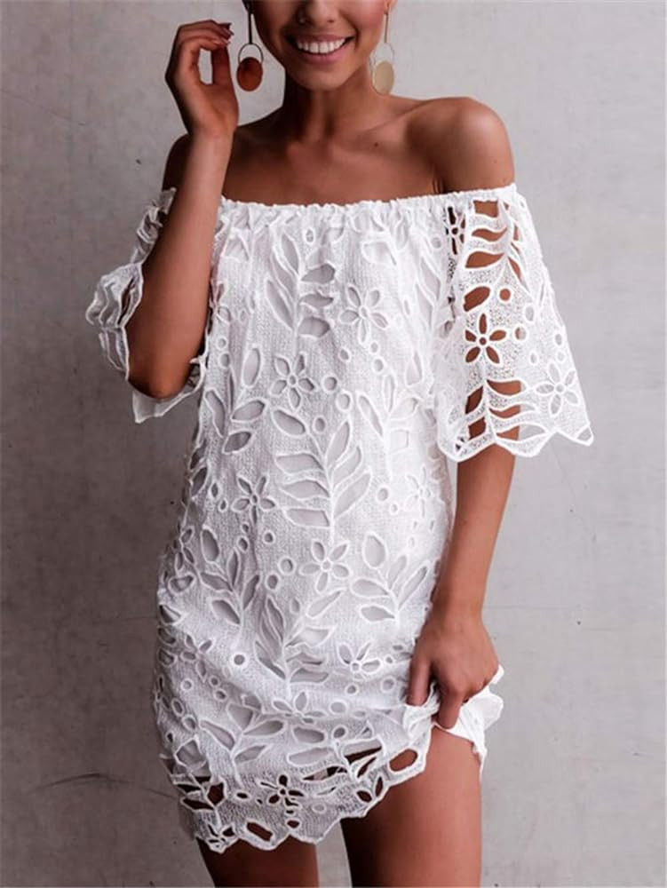 PRETTYGARDEN Women's Summer Off Shoulder Dresses Floral Lace Flare Short Sleeve Spring Vintage El... | Amazon (US)