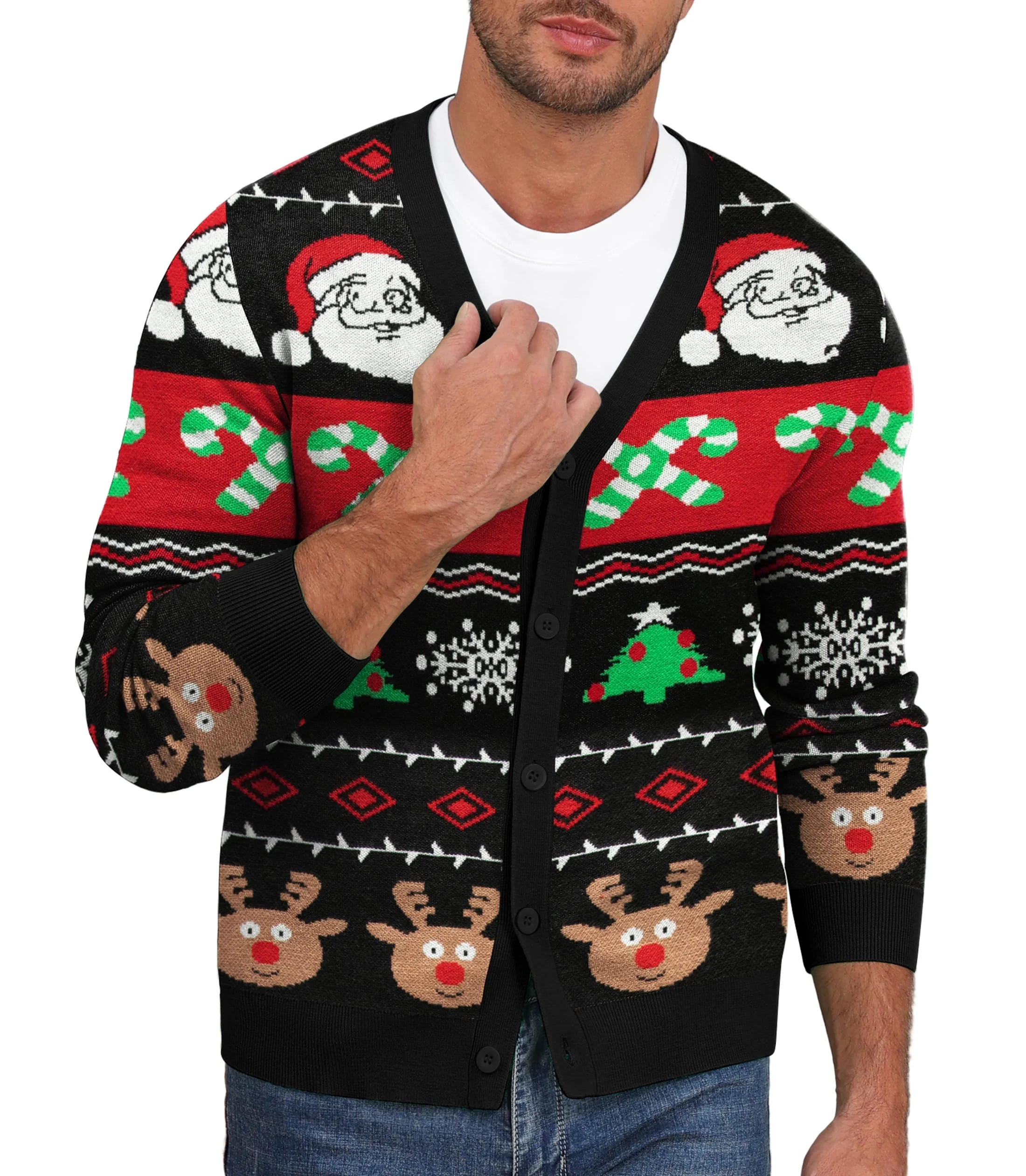 Iceglad Mens Ugly Christmas Cardigan Sweater Santa Reindeer Snowflake Pattern V-Neck Long Sleeve ... | Walmart (US)