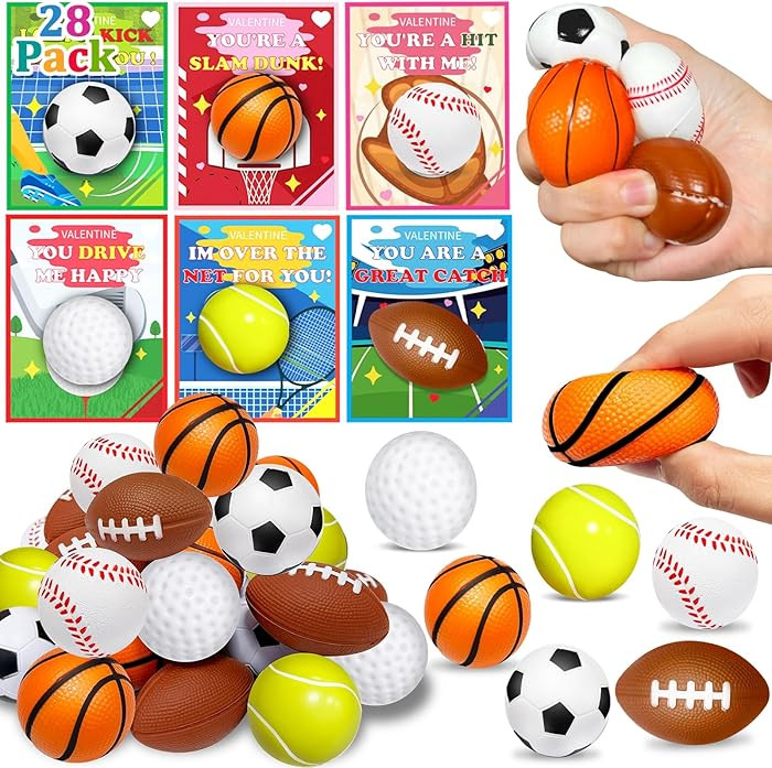 28 Pack Valentines Day Gifts for Kids Classroom Stress Balls Sports Valentines Day Cards for Kids... | Amazon (US)